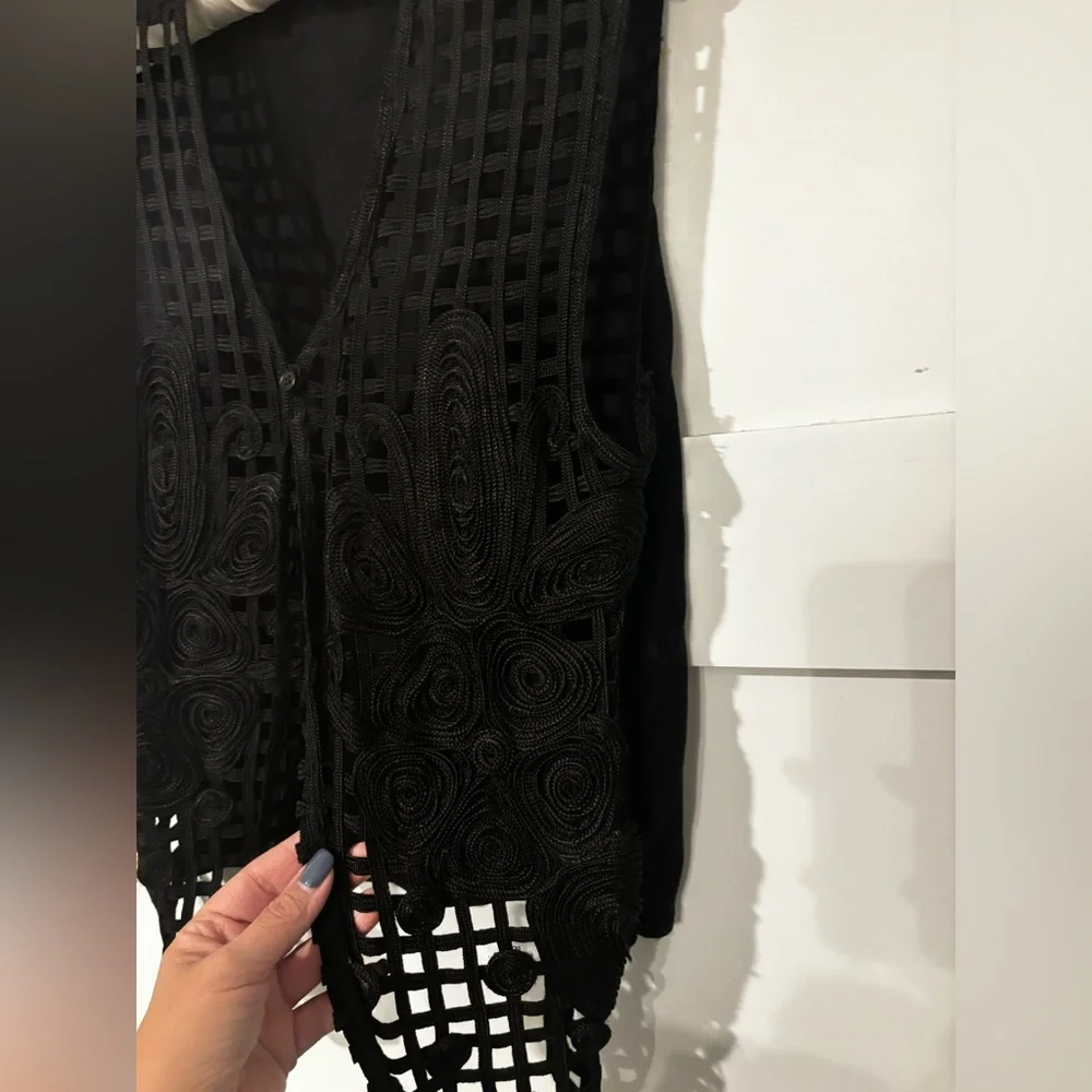 Vintage‎ Midnite Crochet Black Vest 100% Rayon Boho Women's Size Small Petite